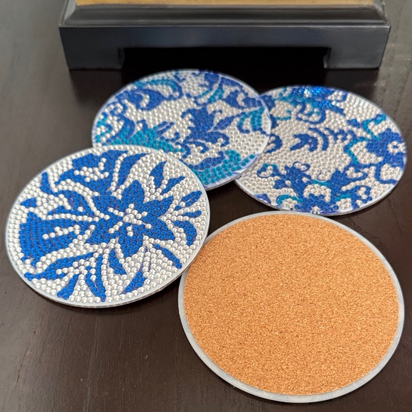 Handcrafted Blue Floral Diamond Art Acrylic Coasters - Set of 4 - Picture 4 of 6